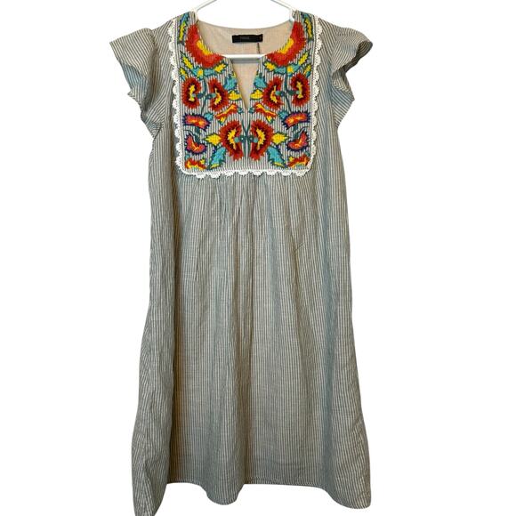 THML Gray and White Striped Dress with Floral Embroidery - Size S - Picture 2 of 14